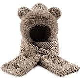Babalet Hooded Scarf for Women, Winter 3-In-1 Fleece Scarf Hats, Cute Bear Ear Hooded Scarfs Beanie and Gloves