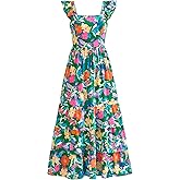 dowerme Summer Dresses for Women 2026 Casual Ruffle Smocked Tiered A-Line Boho Floral Maxi Beach Sun Dress with Pockets