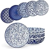 vancasso Selene 8.5" Pasta Bowls Set of 6, 40 oz Porcelain Shallow Salad Bowls, Serving Bowls Large Kitchen Bowl Plates Pasta Plates, Blue & White Floral Design, Microwave Safe