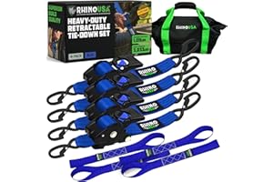 Rhino USA Retractable Ratchet Straps (4-Pack) - 2 Inch x 10 Feet (3,033lb Break Strength) - Heavy Duty Auto Self Retracting T
