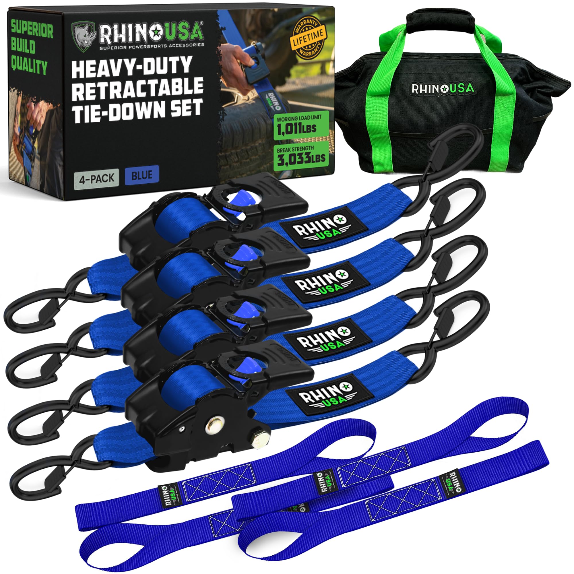 Rhino USA Retractable Ratchet Straps (4-Pack) - 2in x 10ft, 3,033lb, Blue