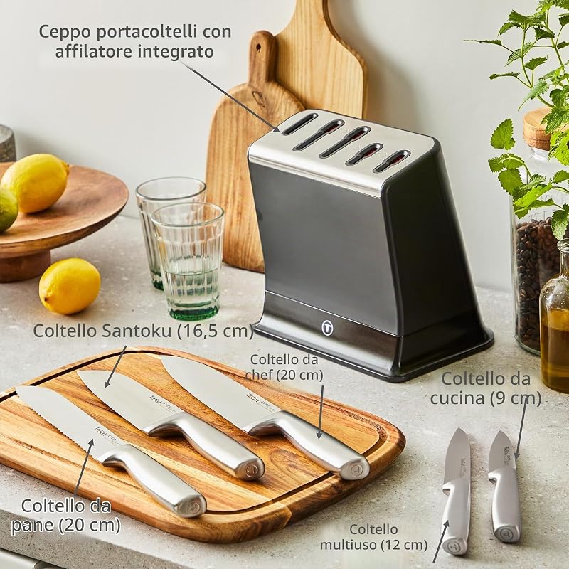 EverSharp Pro K2976S04 - Set di 5 coltelli con blocco portacoltelli autoaffilante, tecnologia di affilatura brevettata, acciaio inossidabile tedesco, nero, K2976S04