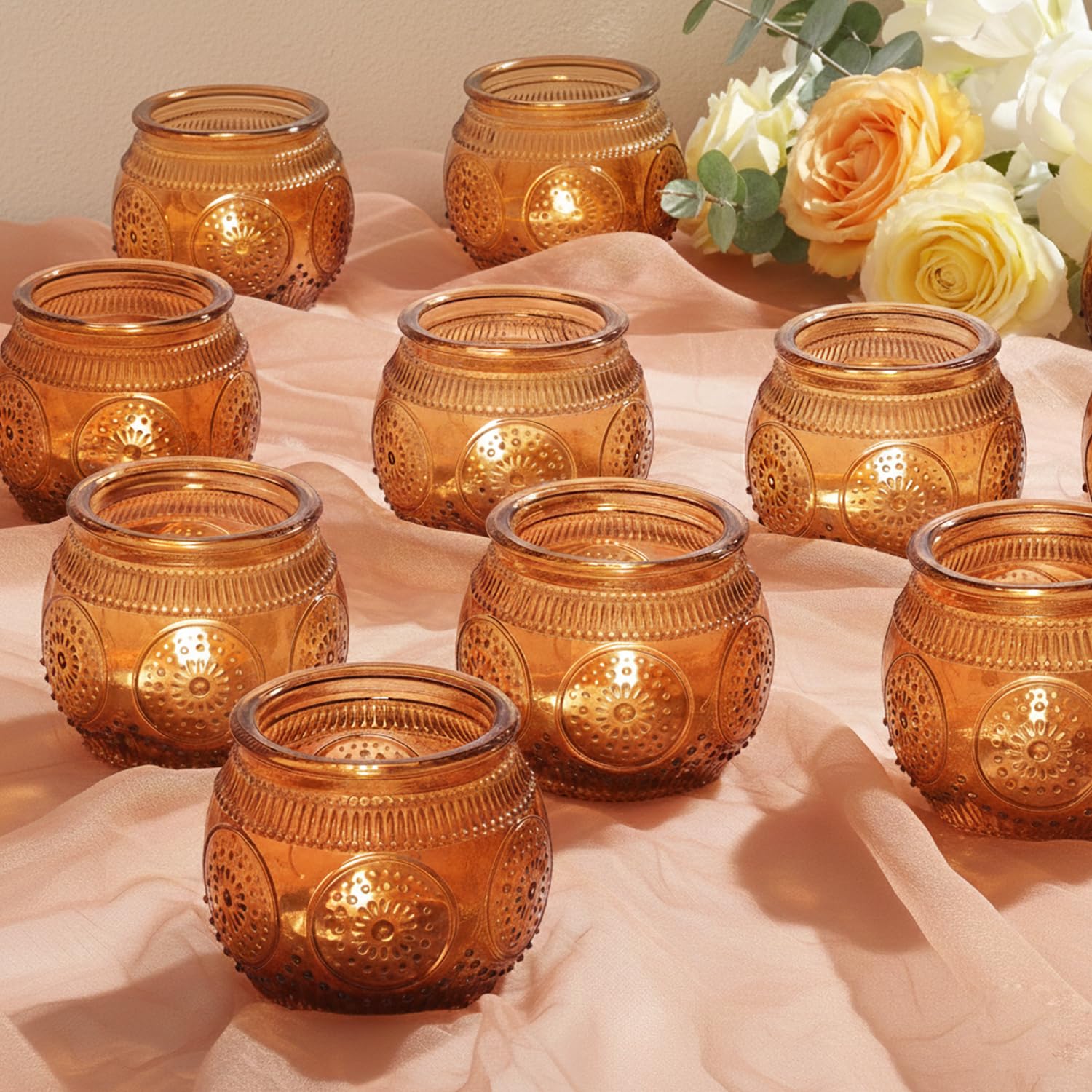 Photo 1 of LAMORGIFT 24 Pcs Amber Candle Holders- Floral Style Vintage Candle Holder for Rustic/Boho Wedding Table centerpieces, Bridal Shower, Baby Shower Decoration