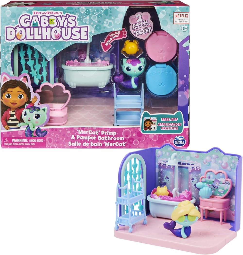 Gabby’s Dollhouse Primp and Pamper Bathroom with MerCat Figure