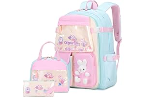 FIXITOK Girls Backpack Set, 3PCS Kids Backpack for Girls, Kawaii Bunny School Backpacks for Girls Kindergarten Elementary Preschool Middle School Bags with Lunch Box Pencil Case Aquamarine