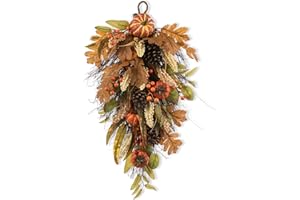 Glitzhome Decorative Teardrop Swag for Front Door, Artificial Wall Swags with Leaf & Pumpkins & Pine Cones & Berries for Home Porch Wall Window Halloween Thanksgiving Indoor Outdoor Decor
