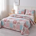 Bright Star Patchwork 3-Piece Quilt Set - Lightweight Blue Floral Bedding, Full/Queen Size With 2 Shams, All-Season Cotton Coverlet
