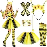 6pcs Bee Costume Women with Black and Yellow Tutu Striped Socks Bee Headband and Necklace Face Stickers for Halloween Party
