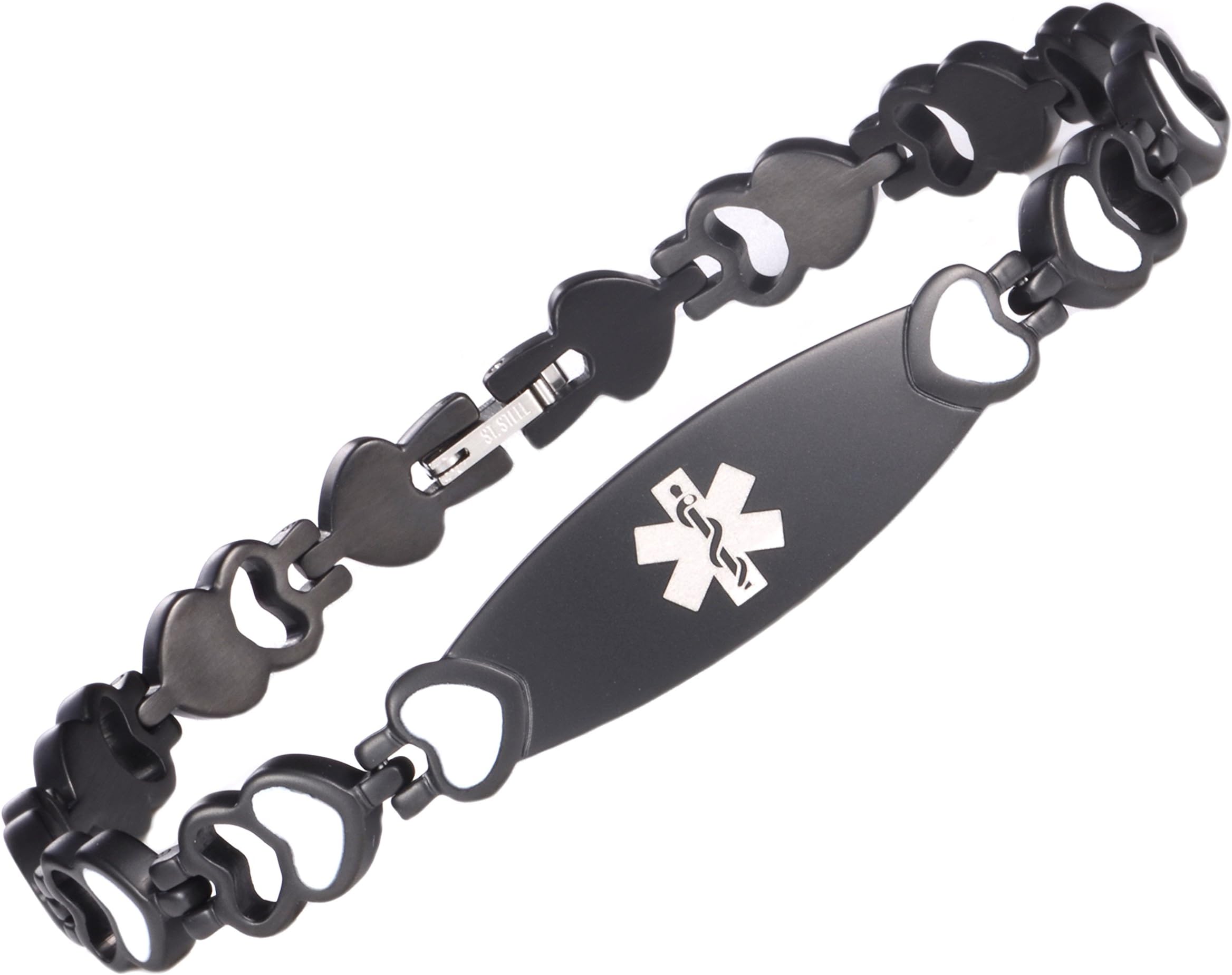 Free Engraved Stainless Steel Medical Alert ID SOS Bracelet for Women & Girls, Fashion Heart Link,6.5-8.5 inches