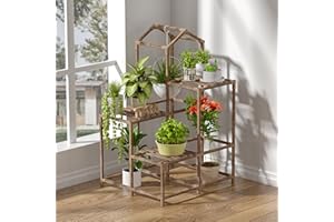 Tikea Small Plant Stand Indoor Outdoor Castle-shaped Plant Stand for Multiple Plants Wooden Plant Shelf Organizer Display Flowers Rack for Corner Living Room Balcony Patio (Model A 3 Tiers)