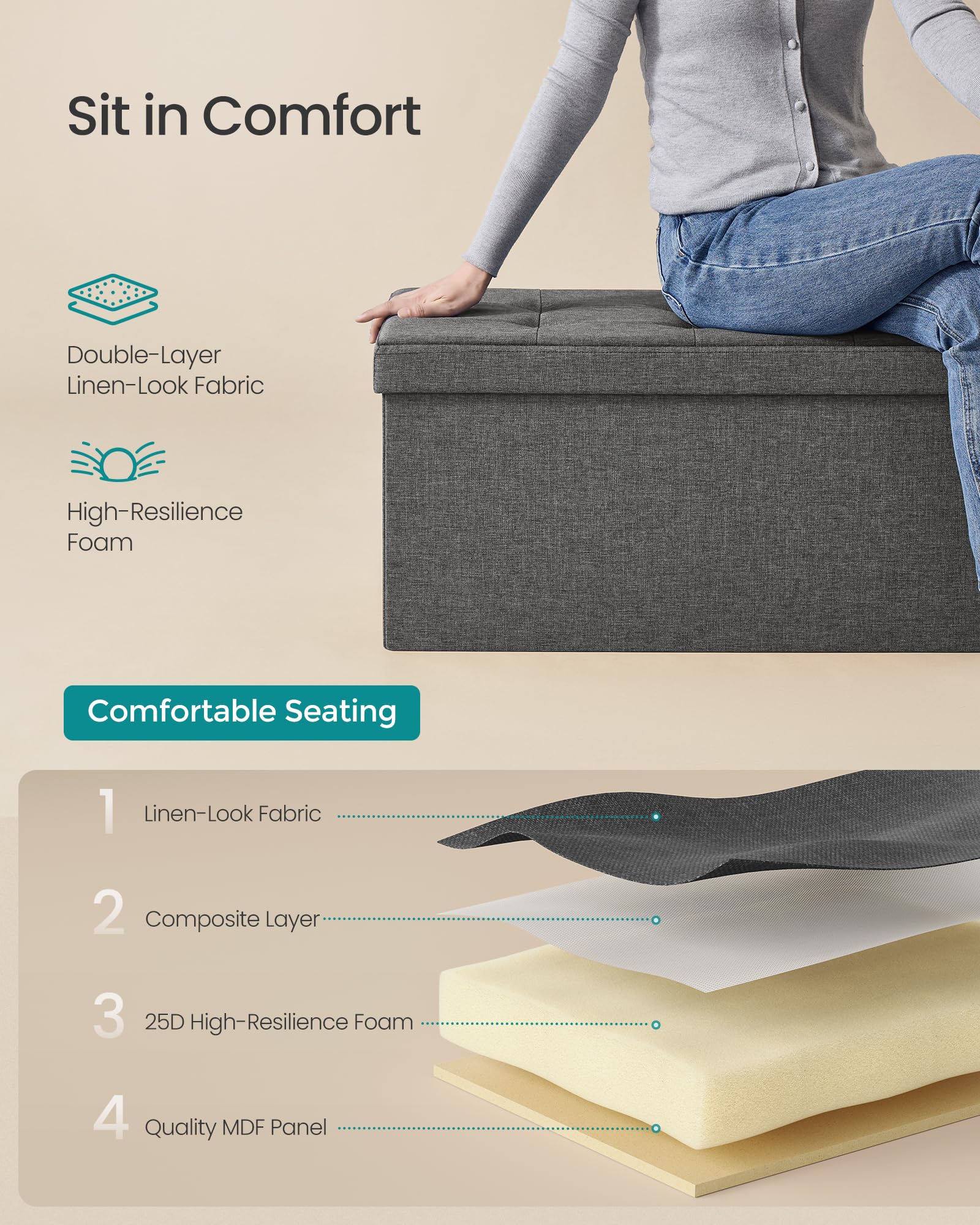 SONGMICS MAZIE Collection - 30 Inches Folding Storage Ottoman Bench, Ottoman Foot Rest, End of Bed Bench, Storage Chest, Load 660 lb, for Living Room, Bedroom, Entryway, Dark Gray ULSF47K - Image 6