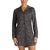 TAHARI Women's Long Sleeve Button Up Notch Collar Nightshirt with Piping and Pocket