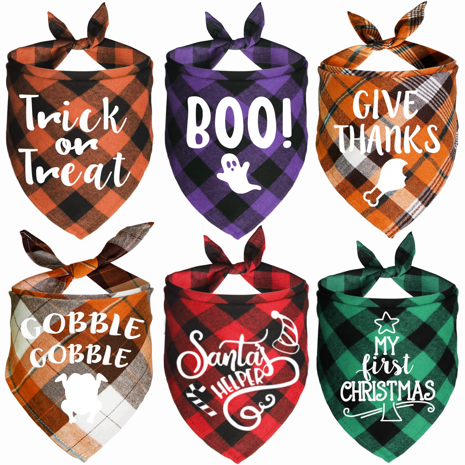 JOTFA 6 Pack Halloween Thanksgiving Day Christmas Dog Bandanas, Holiday Plaid Dog Puppy Bandana Scarf Costume for Small Medium Large Dogs Pets
