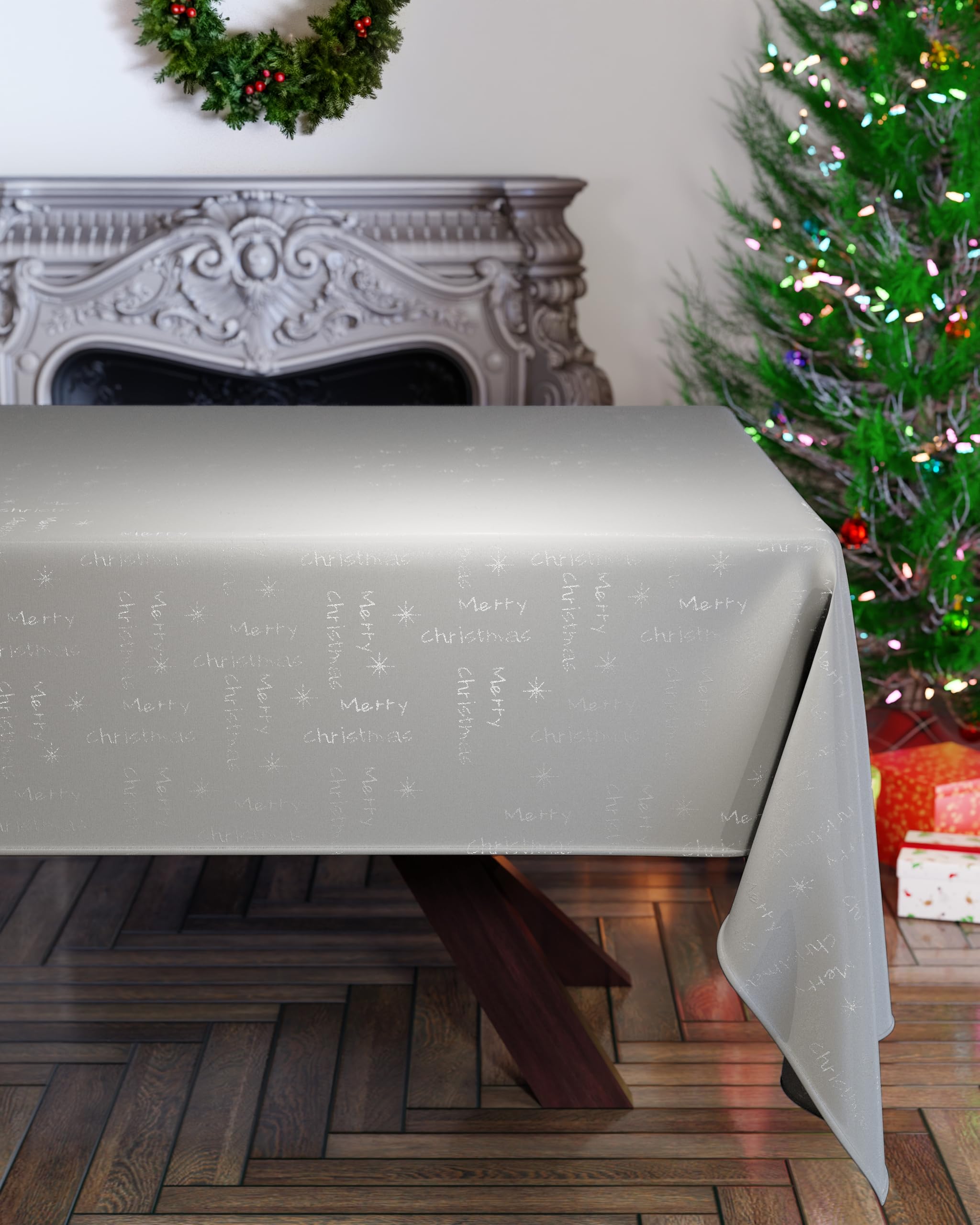 Emma Barclay Merry Christmas - Metallic Woven Jacquard Christmas Table Cloth in Silver - 36x36 (91x91cm)