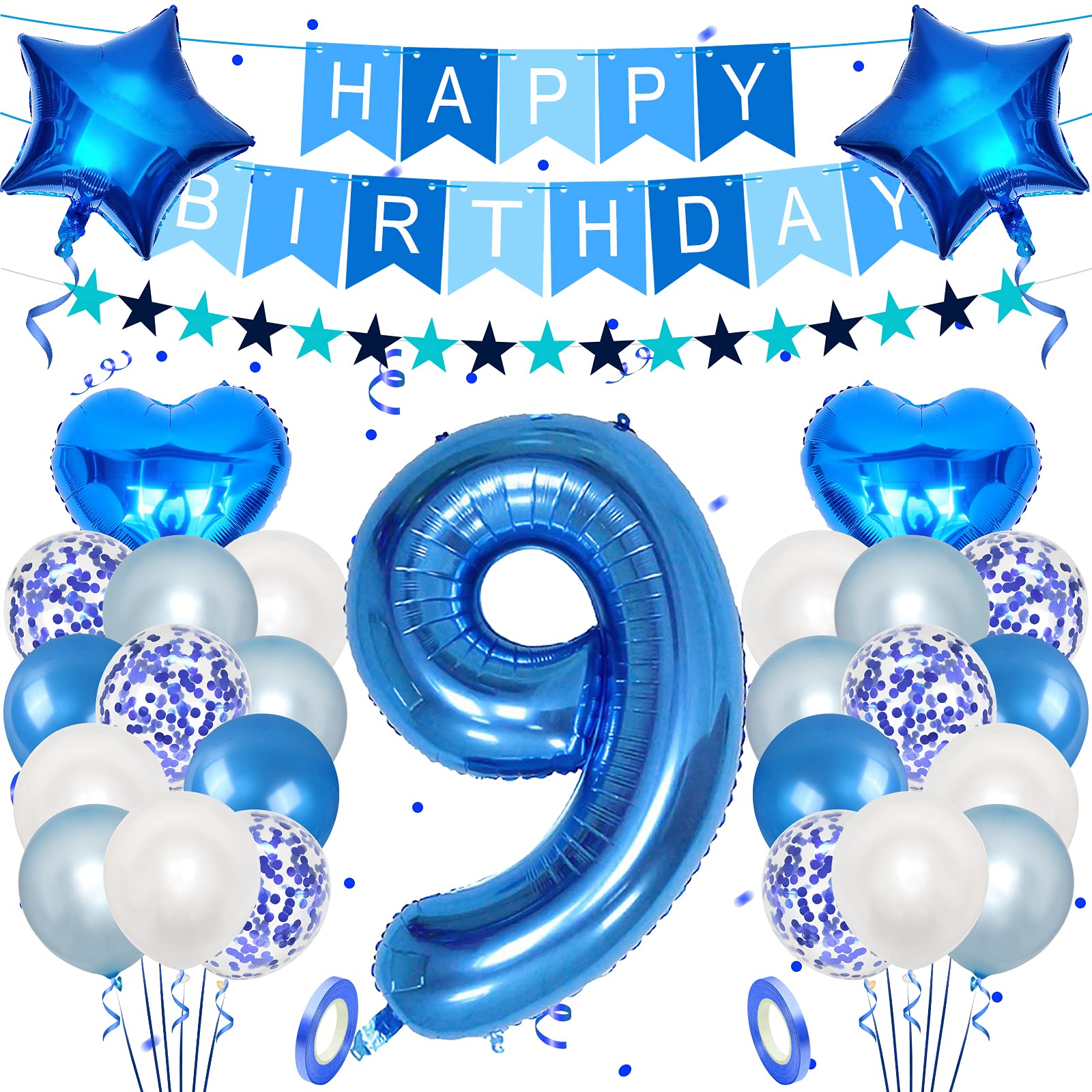 Unisun 9th Birthday Decorations for boy, 40 inch Helium Foil Balloon Number 9 Light Blue White Confetti Latex Balloons, Happy Birthday Banner with Ribbon for 9 Year Kid Birthday Party Supplies