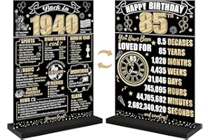 Eiurteao 85th Birthday Decorations Back in 1940 Table Sign for Men Women, Black Gold Happy 85 Bday Two-Sided Wooden Table Poster with Stand Party Supplies, Eighty-five Birthday Display Holder Decor for Table Decor