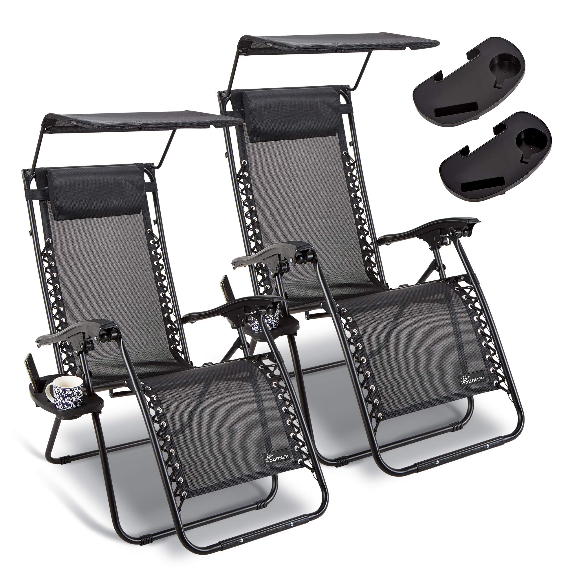SUNMER Sun Lounger Garden Chairs - Set of 2 Zero Gravity Chairs with Cup & Phone Holder, Adjustable Headrest & Pillow - 30ยฐ to 90ยฐ Folding Deck Recliner - Professional Outdoor Seating - Black Canopy