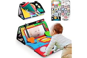 OARIFUN Baby Mirror Tummy Time Toys,High Contrast Crinkle Cloth Book Toys Visual Stimulation,Double Folding Baby Book Teething Toys,Sensory Toys Crawling Activity Mat Floor Mirror for Infants 3 6 12 Months