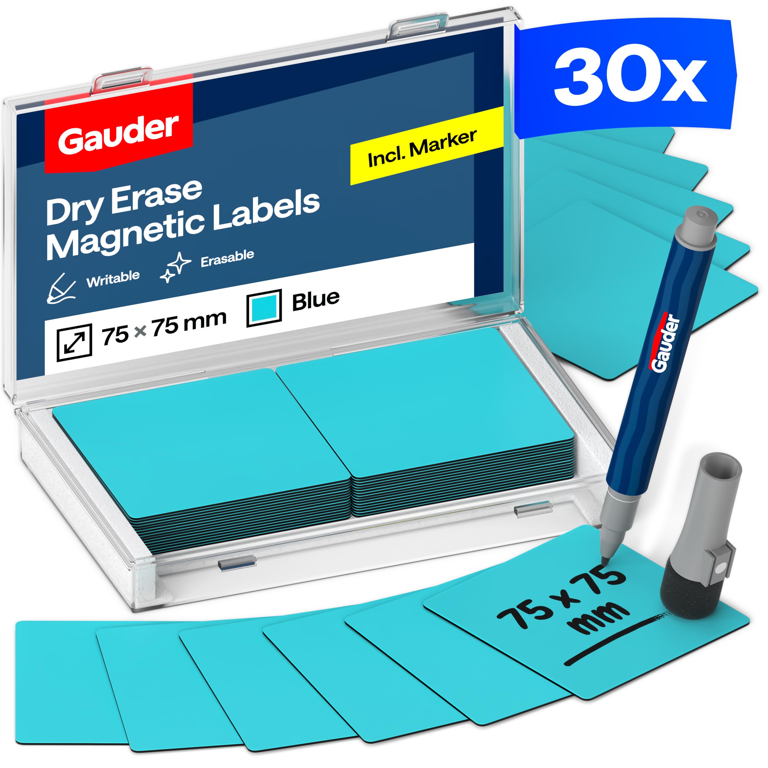 GAUDER Magnetic Labels Writable - Reusable Magnetic Tags for Whiteboard, Blackboard, Kanban Board and Fridge - Magnet Cards with Marker (30 Pieces - 75 x 75 mm)