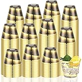 Tanlade 100 Pcs Glitter Plastic Cups 9 oz Gold Rimmed Swirl Cups Bulk Clear Black Elegant Party Cups for Wedding Baby Shower Birthday Party Supplies