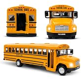 Diecast Yellow School Bus Model Toy, 8" Pullback Metal Alloy Vehicle | Rubber Tires, Opening Doors, Lights and Sounds