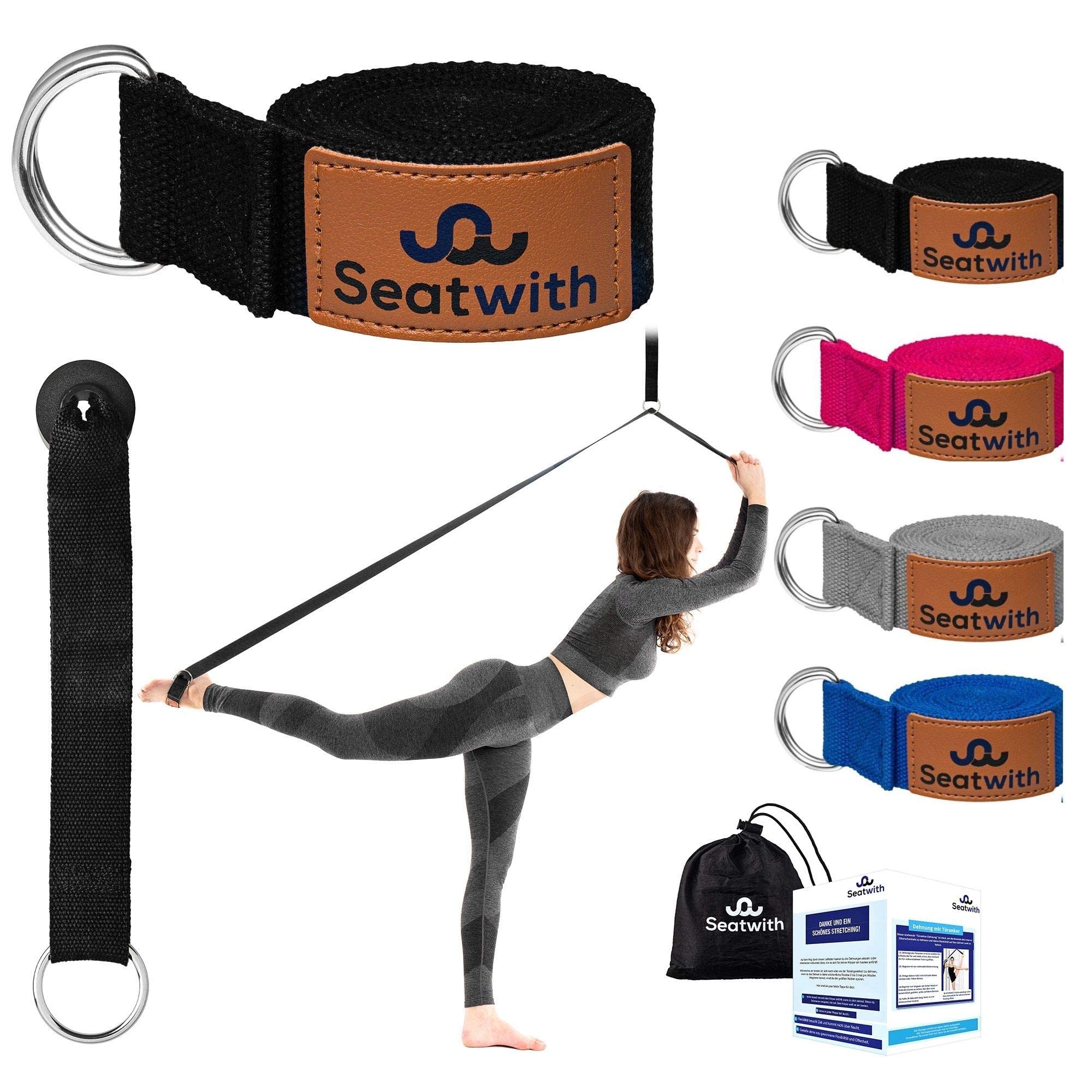 Seatwith Yoga Strap with Loops - Exercise Straps 200 X 4 cm Leg Stretcher with 10 Loops - Transport Bag + Training Instructions Included - Stretching Bands for Flexibility - BLACK