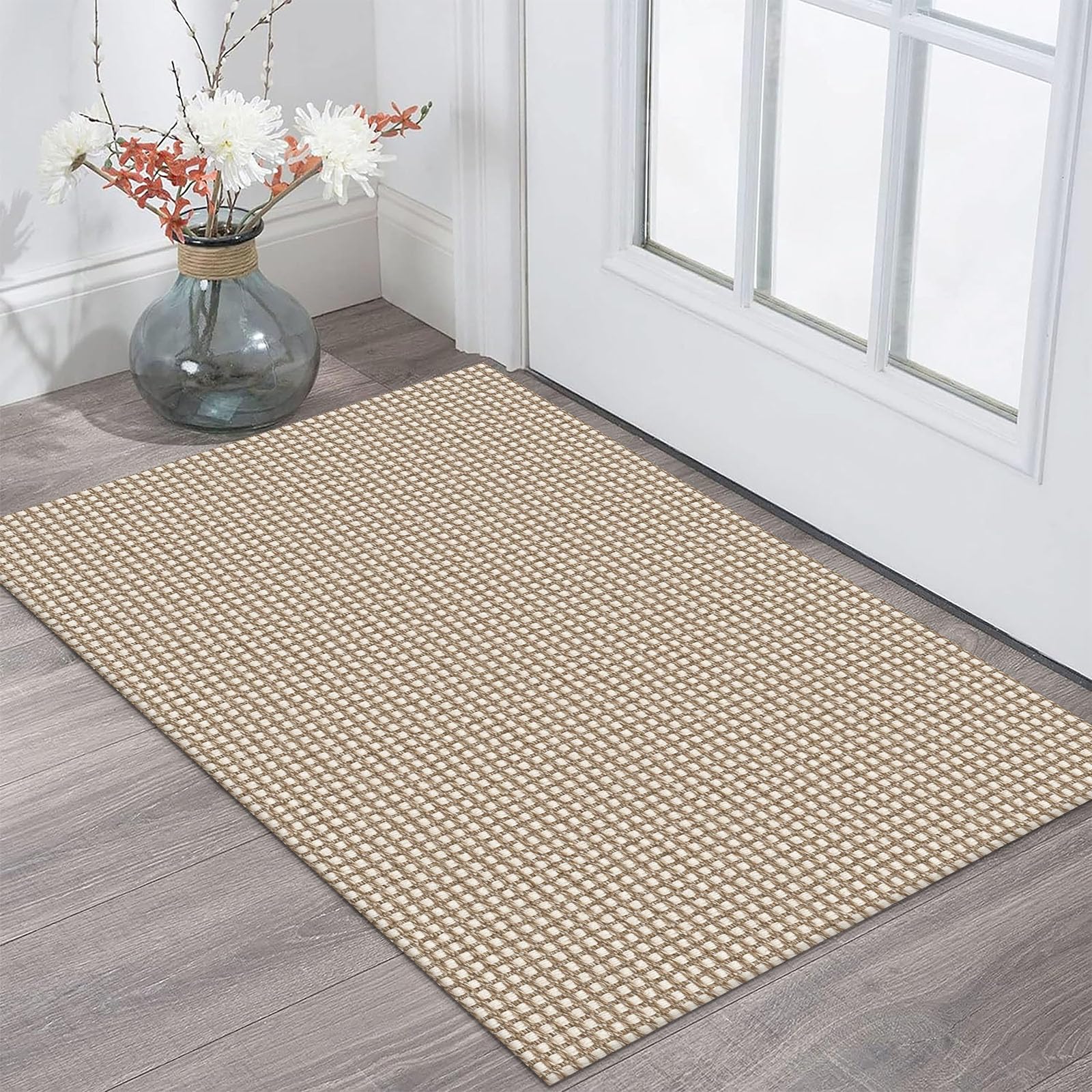 Photo 1 of KOZYFLY Indoor Door Mat 2x3 ft Small Area Rugs Washable Front Door Mat Non Slip Rubber Backed Entryway Rug Cotton Entrance Doormat for Front Porch Bathroom Kitchen Bedroom, Ivory/Khaki