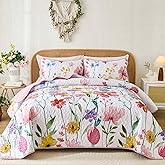 Anibedding Queen Quilt Set, Reversible Pink Floral Bedspread Soft Microfiber Lightweight Queen Size Quilt Bedding Sets Flower Coverlet for All Season(Queen, 96"x90")