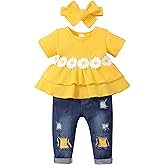 XUANHAO Baby Girl Clothes 12 18 24 Months Outfits For Infant Toddler Denim Girls' Clothing Ruffle Top Ripped Jeans Pant Sets