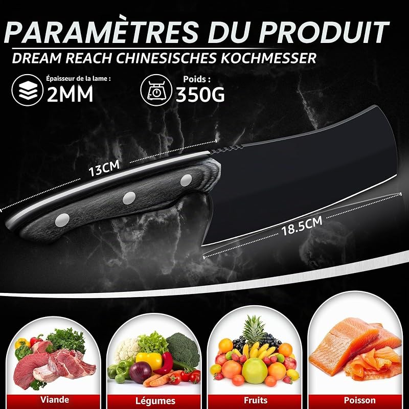 Couteau de Cuisine, Couteau de Chef Professionnel pour Couper Viande, Poisson, Légumes et Fruits, Manche en Bois Ergonomique