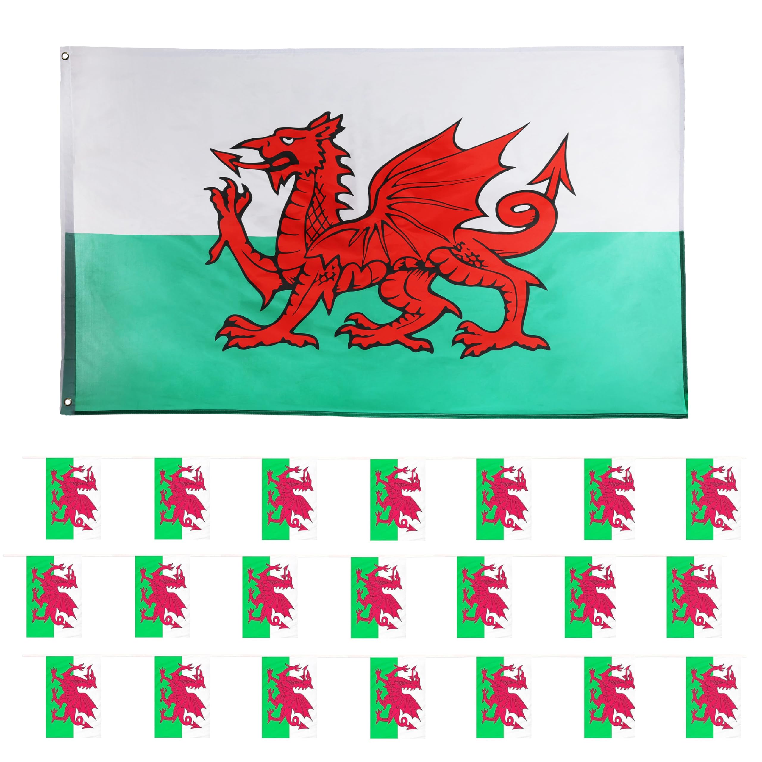 Wales Flag Bunting and Flag Set - Welsh - All Weather Bunting Approx 10m 30ft - 20 Flag - Large Flag with Grommets Approx 5ft x 3ft - Football, Rugby Events - Parties - Sporting Events