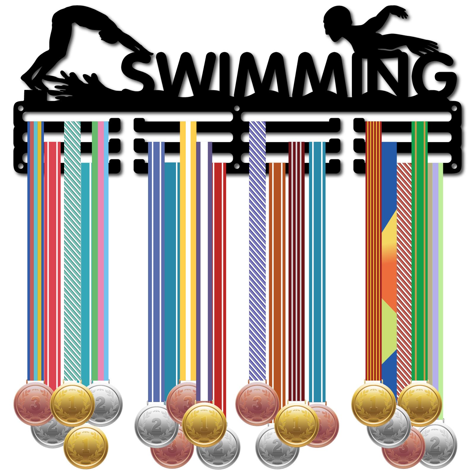 CREATCABIN Swimming Medal Holder Display Medal Hanger Rack Metal Medal Holder Black Shelf Hanger Organizer Medal Stand Frame Wall Mounted Hanging for Over 40 Medals Awards Ribbon 15.7 x 6Inch
