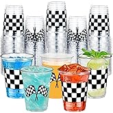 peony man 50 Pcs Checkered Racing Party Plastic Cups 16 oz White Black Checkered Flag Clear Cup Disposable Race Car Drinking Cups for Race Car Sports Themed Birthday Party Favors Supplies