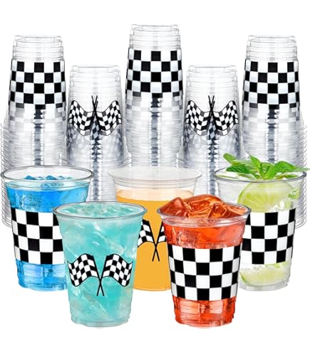 Lot De 24 Gobelets Réutilisables Thème Course Automobile - 11 Oz Avec Pailles