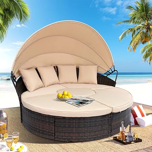 Tangkula Patio Round Daybed With Retractable Canopy, Outdoor