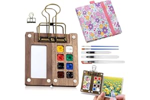 Mini Watercolor Travel Set, Travel Watercolor Set Portable Artist Palette with Copper Clip and Pens, Wooden Paint Box,Sketchb
