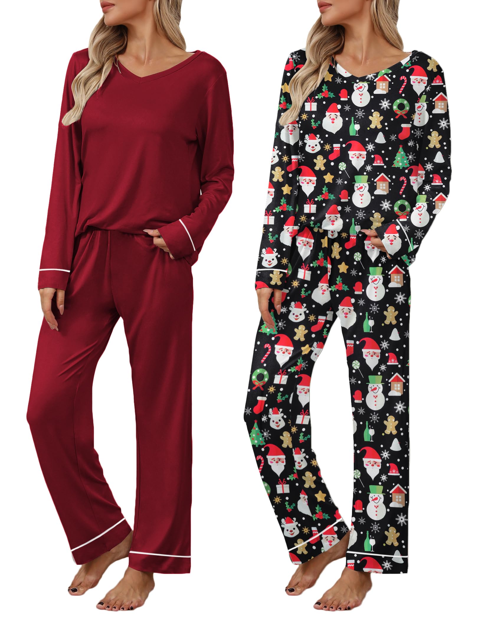 Ekouaer Womens 2 Pack Pajama Set Long Sleeve Pajamas Top and Pants V Neck Pjs Set Soft Loungewear with Pockets Image