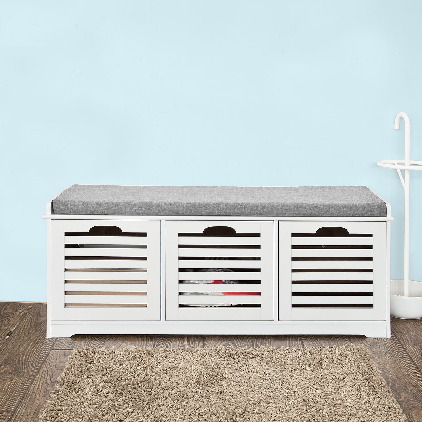 Haotian Storage Bench with 3 Drawers & Seat Cushion, Shoe Cabinet Storage Unit Bench, FSR23-W