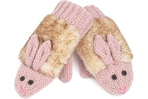 PEPPERCORN KIDS Warm Knit Winter Mittens for Girls Ages 3-12 Years, Double-Layered, Fun Bunny Rabbit Design for Children, Toddler to Big Kids
