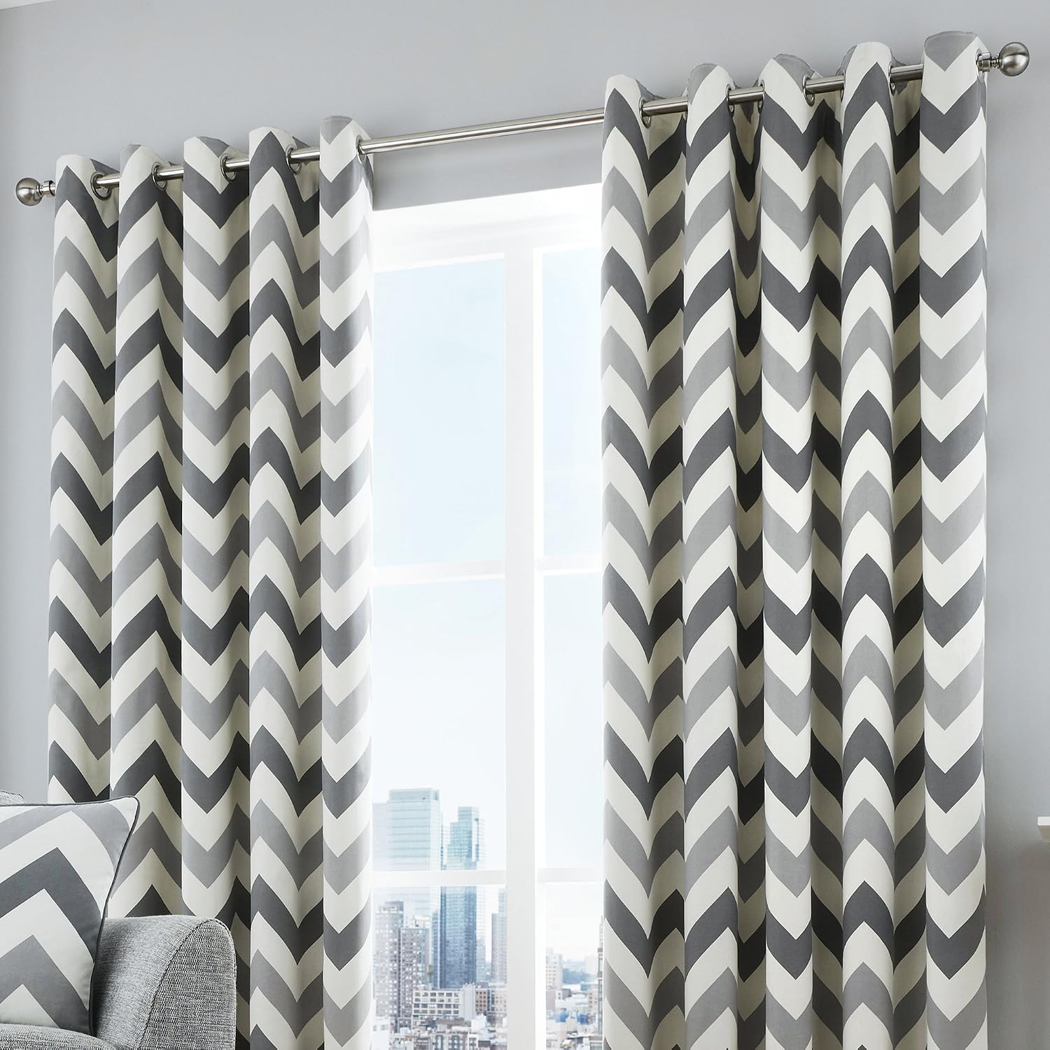 Fusion - Chevron - 100% Cotton Pair of Eyelet Curtains - Grey - 46 Width x 72 Drop (117 x 183 cm), W 117" x L 183" (2 Panels)