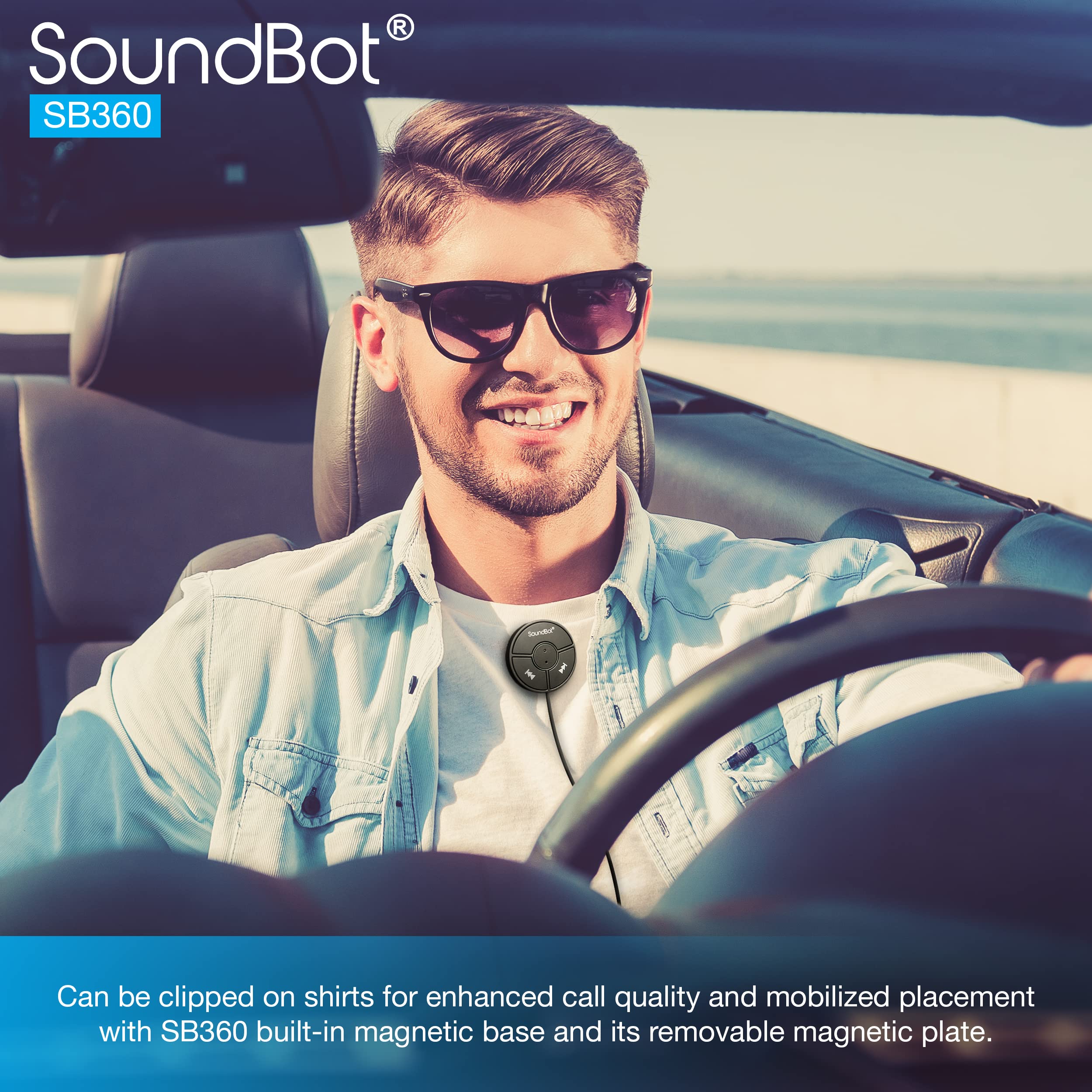 Soundbot SB360 Bluetooth Car Kit Wireless Universal Receiver Transmitter Hands-Free Talking & Music Streaming Dongle w/ 10W Dual Port 2.1A USB Charger + Magnetic Mounts + Built-in 3.5mm Aux Cable