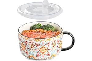 Chubacoo Jumbo Soup Bowl with Lid: 38 oz Ceramic Soup Mug with Big Handle for Ramen Cereal Breakfast Meal Prep Office Lunch D