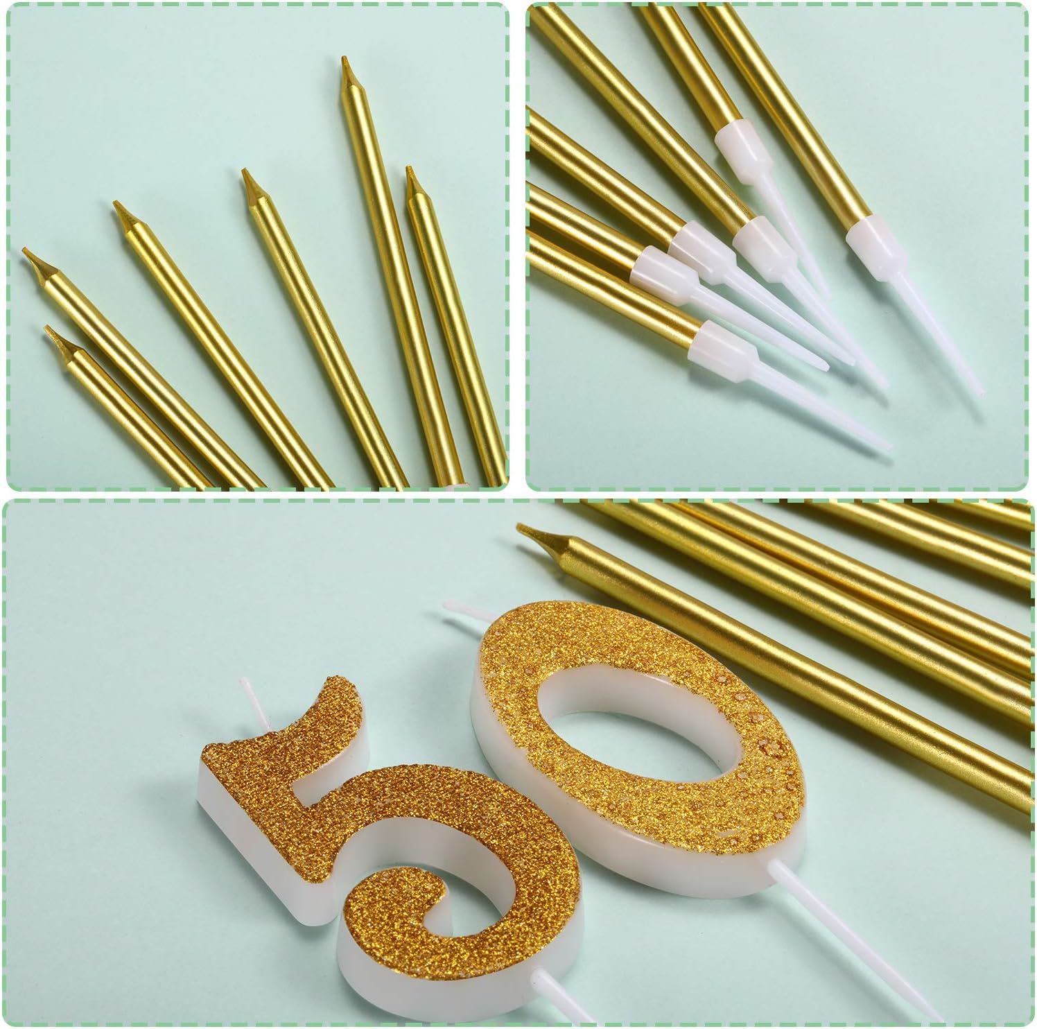 BBTO 50th Glitter Birthday Cake Candles Shining Numeral Candles Cake Topper Decoration and 6 Pieces Spiral Cake Candles with Holders for Birthday Party Wedding Cake Decorations,Gold,5 centimeters - Image 4