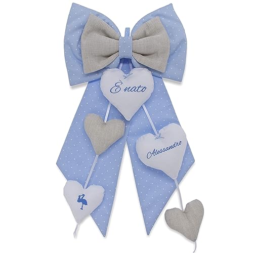 Fiocco Nascita Bimbo In Tessuto Di Cotone Azzurro A Pois Tortora E Bianco Coccarda Maschietto Ricamo Cicogna Nome E Frase E Nato Amazon It Handmade