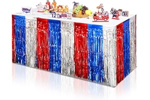 Jexine 6 Pack 4th of July Table Skirt Decorations 9.84 ft Red Silver and Blue Patriotic Metallic Foil Fringe Tinsel Table Skirts 4 of July Decorations for Independence Memorial Labor Veterans Day
