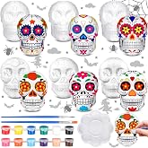 CroBlissful 6 Sets Halloween Skull Ceramic to Paint Ready to Paint | 12 Paints Included, Sugar Skull Designs, Halloween Day of the Dead Decorations, Arts and Crafts with Brush Palette, DIY Craft