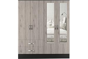 FM FURNITURE Florencia Mirrored New Vintage Armoire with Two Cabinets with Divisions & Two Drawers for Bedroom
