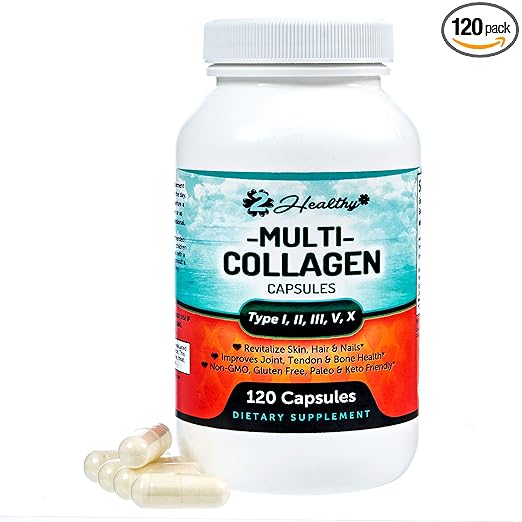 Multi Collagen Peptides Pills - Type I, II, III, V, X - 120 Capsules - Natural Grass Fed Bone Broth Supplement, Clinically Effective Hydrolyzed Collagen Protein for Women, Skin Health Joint Anti Aging best collagen supplement