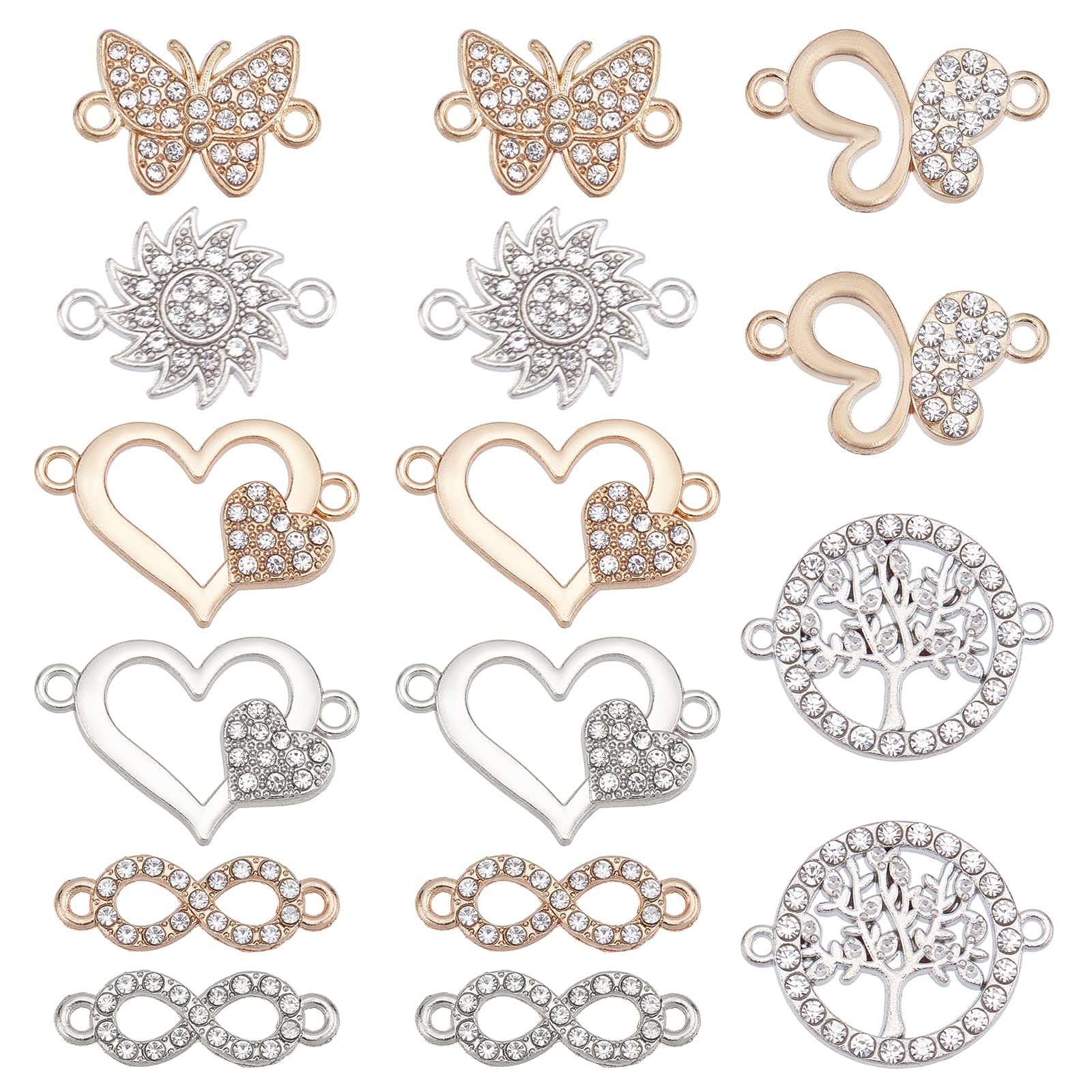 SUNNYCLUE 1 Box 32Pcs 8 Styles Heart Link Charms Alloy Connector Charms Hollow Rhinestone Love Charm Metal Tree Butterfly Connectors Charm for Jewellery Choker Necklace Making Christmas Valentine