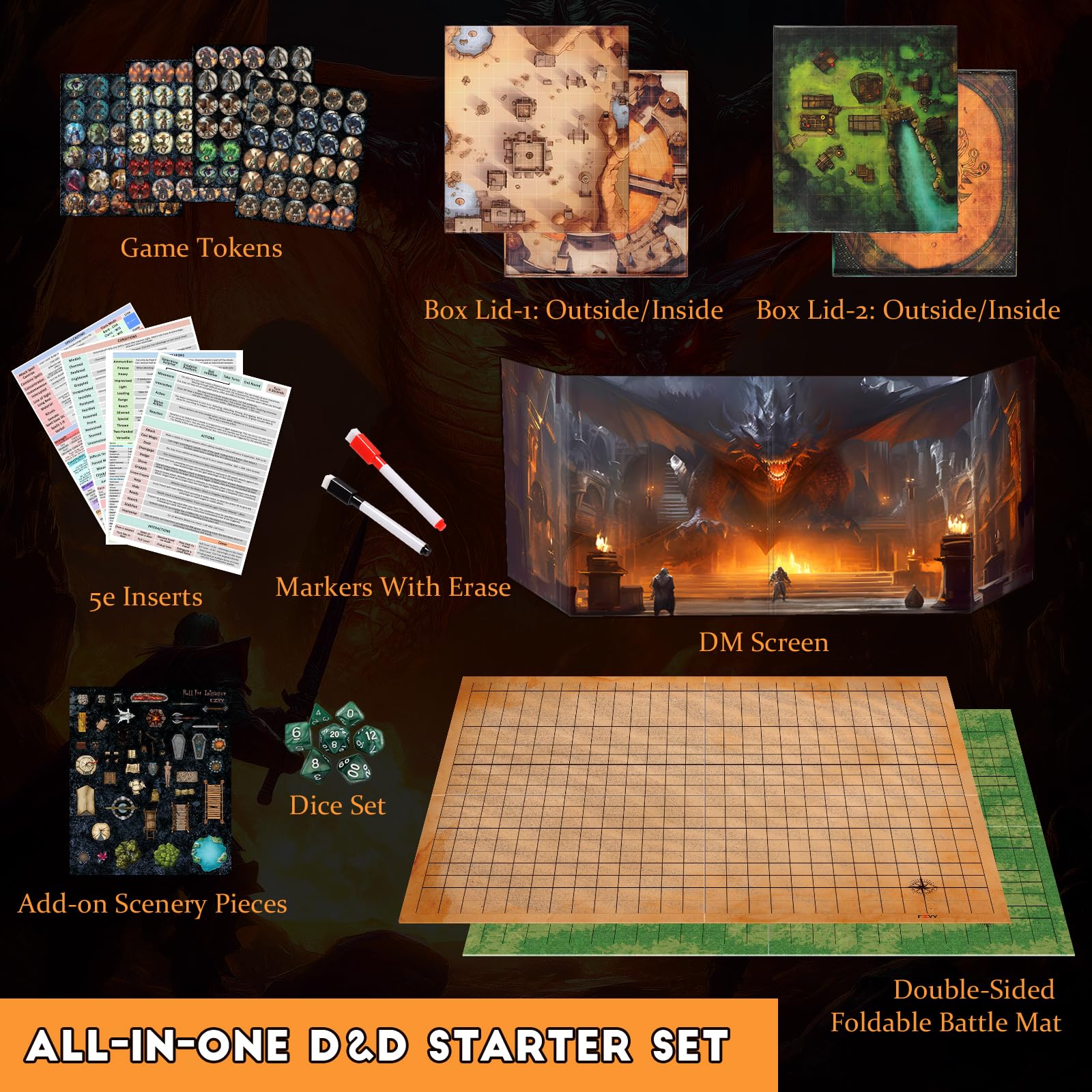 CZYY Foldable Battle Mat with DM Screen, Game Tokens, Dice Set, Markers - 2-Sided Wet & Dry Erase Terrain, Ultimate DND Starter Set, Accessories, Gift for Dungeon Master & Player